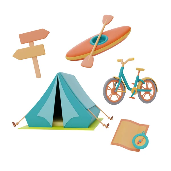 Kampeertent Met Kajak Fiets Wegwijzer Plattegrond Kompas Camping Activiteiten Concept — Stockfoto