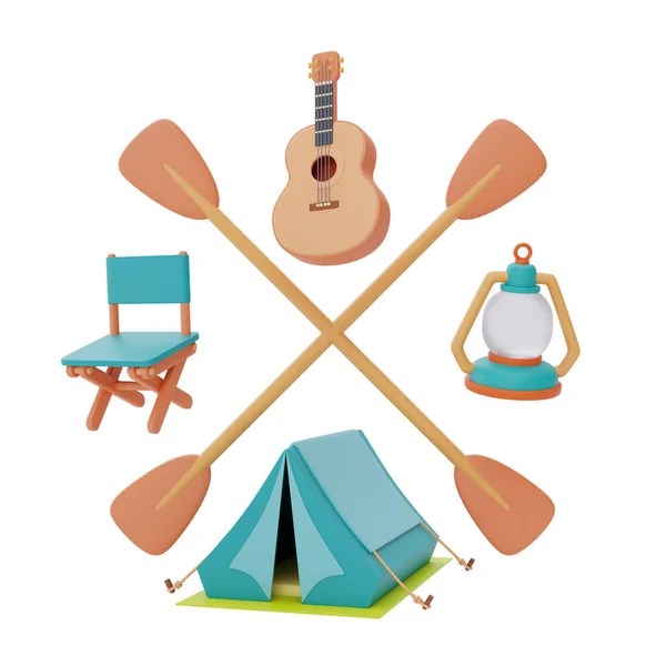 Camping Equipment Tourist Camping Tent Wooden Chair Lantern Guitar Summer — стоковое фото