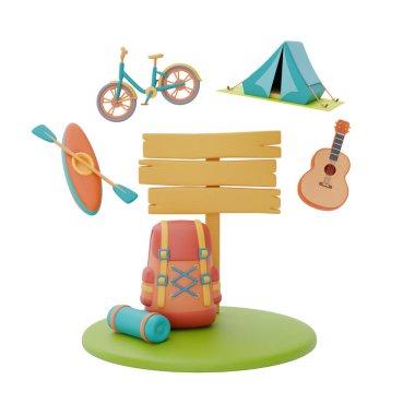 Kamp yerinde kano, bisiklet, çadır, gitar, yaz kampı konsepti, 3 boyutlu çizim..