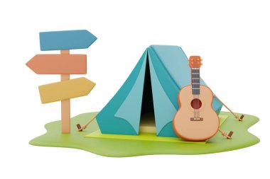 Gitarlı ve işaretli turist kampı çadırı. Kamp yeri, yaz kampı konsepti, 3D görüntüleme..