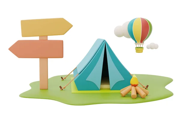 Toeristische Campingtent Kampvuur Heteluchtballon Met Wegwijzer Camping Zomerkampconcept Weergave — Stockfoto