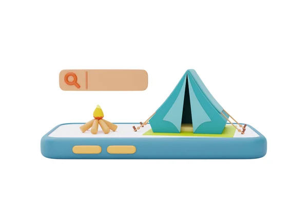 Turist Camping Tält Och Lägereld Smartphone Sommar Läger Koncept Rendering — Stockfoto