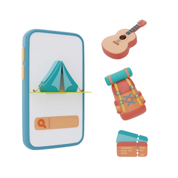 Tienda Campaña Pantalla Smartphone Con Guitarra Mochila Viaje Billete Concepto —  Fotos de Stock