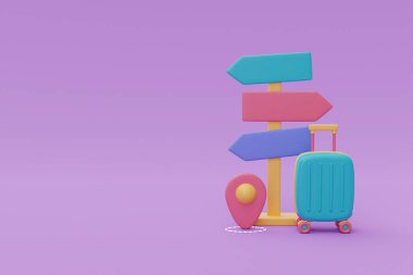 Turizm ve seyahat planı yeşil bavul ve tabela ile seyahat, tatil tatili, yolculuk, 3D görüntüleme