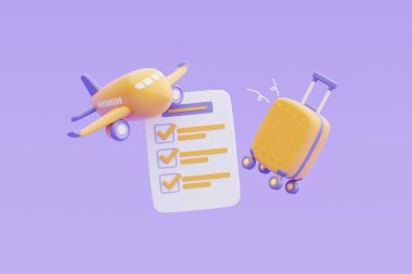 Kontrol listesi, sarı bavul ve uçak, seyahat konsepti, tatil tatili, 3D görüntüleme ile seyahat planı