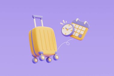 Time to travel concept,Booking airline tickets online with yellow suitcase and calendar,Tourism and travel plan to trip,holiday vacation,3d renderin