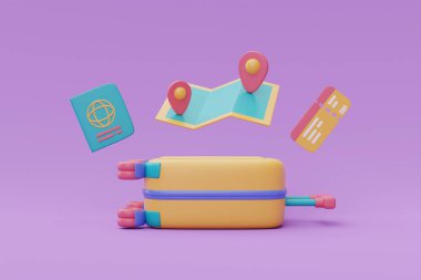 Seyahat planı bavul, cüzdan, bilet, pasaport, tatil tatili, 3D görüntüleme