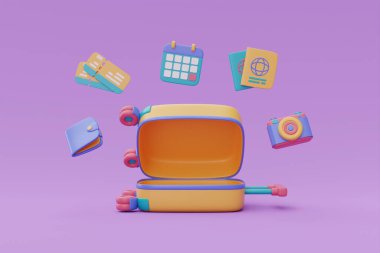 Cüzdanı, biletleri, takvimi, pasaportu, kamerası olan sarı bavulu açtık. Seyahat planı, seyahat planı, tatil tatili, 3D renderin.
