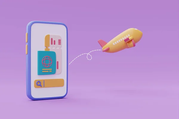 İnternet üzerinden akıllı telefon, pasaport, arama barı ve uçak, turizm ve seyahat, tatil tatili, 3D