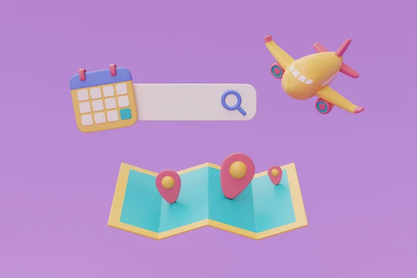 İnternet üzerinden uçak biletlerini arama çubuğu ve sarı uçak, harita, takvim, turizm ve seyahat, seyahat zamanı, tatil tatili, 3D görüntüleme