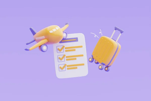 Tourism Travel Plan Trip Concept Checklist Yellow Suitcase Airplane Time — Zdjęcie stockowe