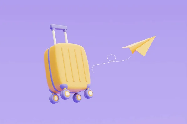 时间旅行的概念 网上订票与黄色行李箱 旅游和旅行计划旅行 3D渲染 — 图库照片