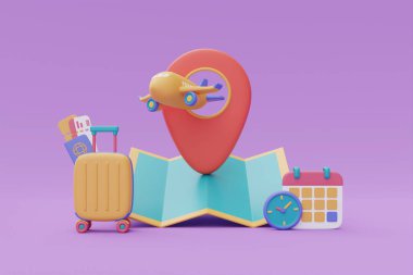 Seyahat, uçak, çanta, harita, pasaport ve biletler için turizm ve seyahat planı, online uçak biletleri rezervasyonu, tatil tatili, 3D hazırlama