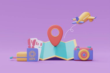 Seyahat, uçak, çanta, harita, kamera, pasaport ve biletler için turizm ve seyahat planı, seyahat zamanı, uçak biletleri çevrimiçi rezervasyonu, tatil tatili, 3D hazırlama