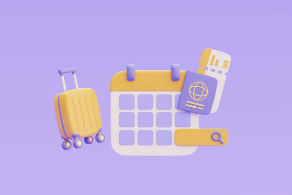 Time Travel Concept Booking Airline Tickets Online Calendar Yellow Suitcase — Zdjęcie stockowe