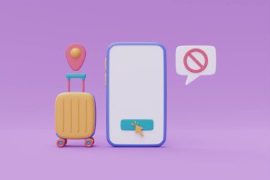 Turizm ve seyahat planı, sarı bavullu akıllı telefon, seyahat zamanı, online uçak biletleri rezervasyonu, tatil tatili, 3D renderin