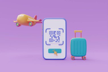Turizm ve seyahat planı, akıllı telefondan uçak ve bavul taraması, seyahat zamanı, online uçak biletleri rezervasyonu, tatil tatili, 3D görüntüleme