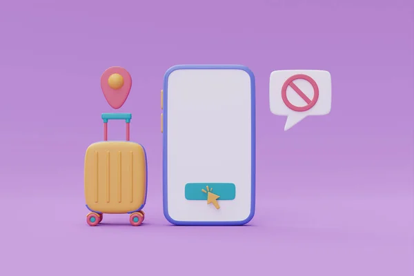 Turizm ve seyahat planı, sarı bavullu akıllı telefon, seyahat zamanı, online uçak biletleri rezervasyonu, tatil tatili, 3D renderin