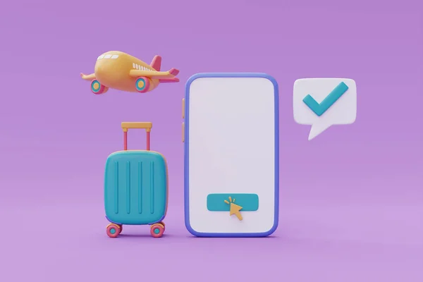 Turizm ve seyahat planı, uçakla akıllı telefon, seyahat zamanı, online uçak biletleri rezervasyonu, tatil tatili, 3D renderin