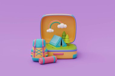 İçinde sırt çantası ve kamp malzemesi olan sarı bavul açılmış. Seyahat planı, seyahat saati, yaz kampı, tatil tatili, 3D görüntüleme.