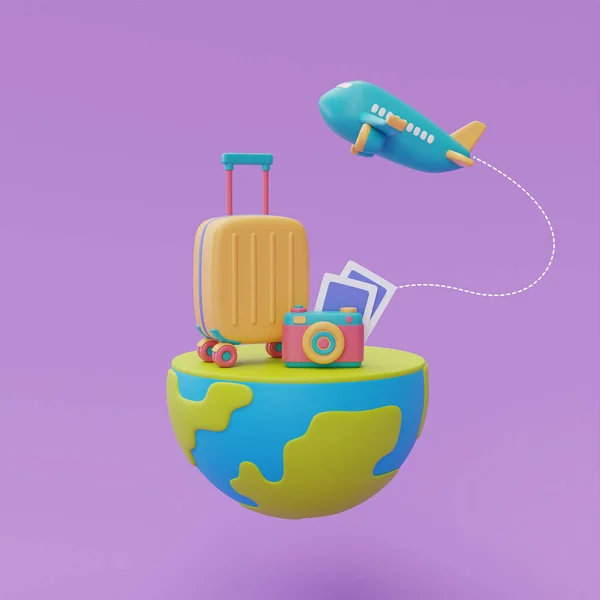 Tourism Travel Plan Trip Concept Yellow Suitcase Camera Airplane Globe — Zdjęcie stockowe