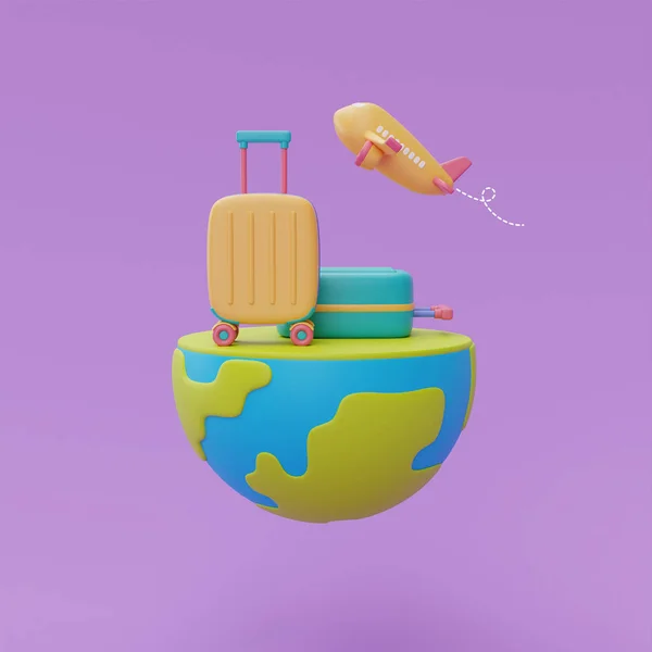 Tourism Travel Plan Trip Concept Yellow Suitcase Airplane Globe Holiday — Zdjęcie stockowe