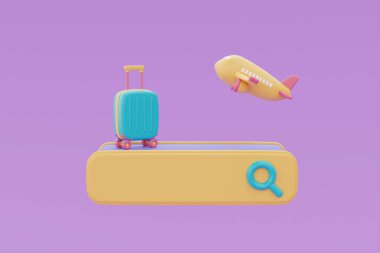 Yeşil bavulu ve uçağı olan arama barı, seyahat planı, seyahat konsepti, tatil tatili, yaz tatili, 3D