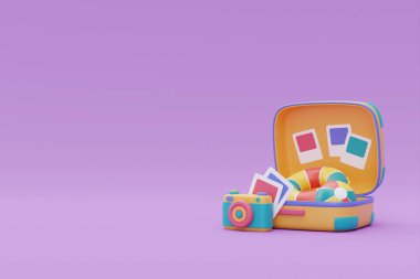 Kameralı sarı bavul, fotoğraf çerçevesi ve yaz plajı elementleri. Turizm ve seyahat planı, seyahat saati, yaz tatili tatili, 3D görüntüleme.