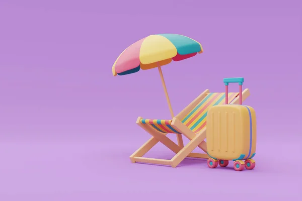 Yellow Suitcase Colorful Beach Chair Umbrella Tourism Travel Plan Trip — Zdjęcie stockowe