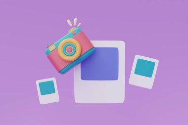 Mor arka planda renkli kamerası olan 3D fotoğraf çerçevesi, seyahat konseptine seyahat planı, tatil tatili, seyahat zamanı, 3D görüntüleme