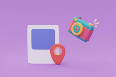 Mor arka planda renkli kamerası olan 3D fotoğraf çerçevesi, seyahat konseptine seyahat planı, tatil tatili, seyahat zamanı, 3D görüntüleme