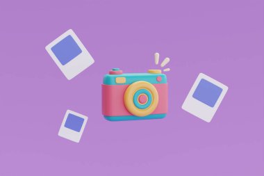 Mor arka planda renkli kamerası olan 3D fotoğraf çerçevesi, seyahat konseptine seyahat planı, tatil tatili, seyahat zamanı, 3D görüntüleme