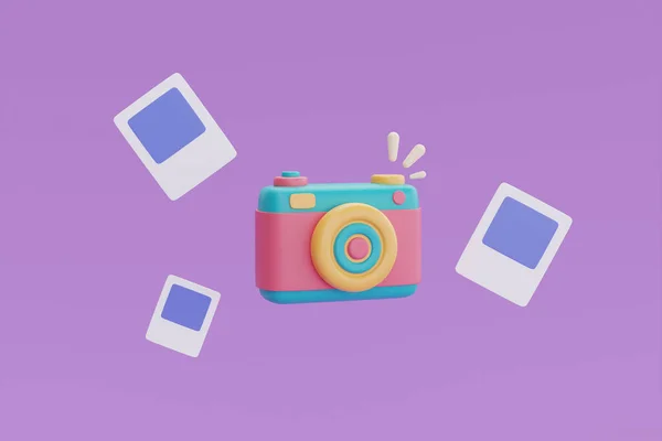 Mor arka planda renkli kamerası olan 3D fotoğraf çerçevesi, seyahat konseptine seyahat planı, tatil tatili, seyahat zamanı, 3D görüntüleme