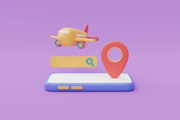 Yellow Airplane Location Pin Search Bar Smartphone Tourism Travel Plan — Foto Stock