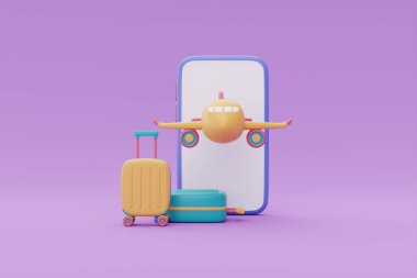 Turizm ve seyahat planı, uçak ve bavullu akıllı telefon, seyahat zamanı, tatil tatili, 3D görüntüleme.