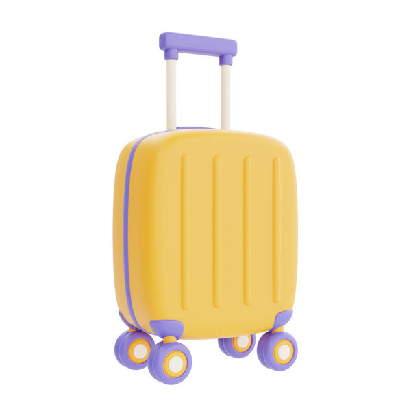 Желтый чемодан на светлом фоне, отпуск, Время в пути, 3D рендеринг