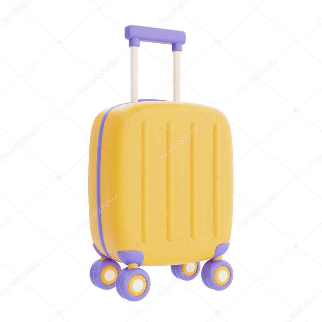 Yellow suitcase isolated on light background, holiday vacation, Time to travel, 3d rendering