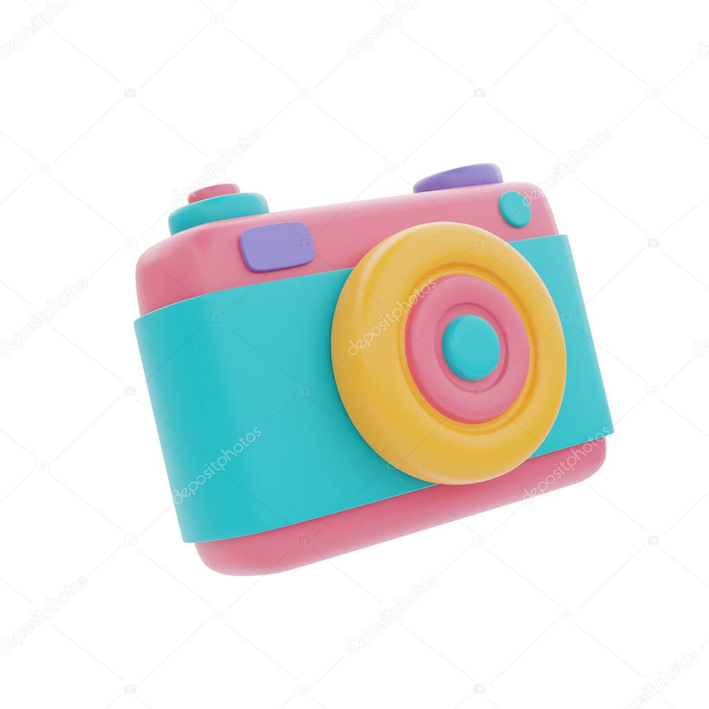 colorful camera isolated on light background, holiday vacation, Time to travel, 3d rendering