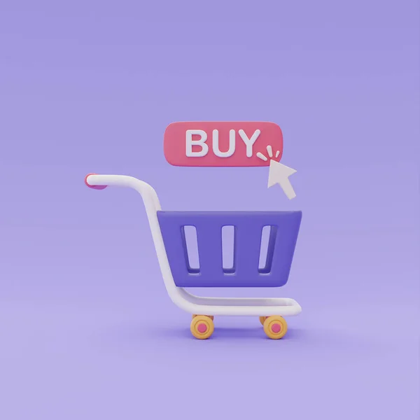 Shopping Cart Click Buy Button Purple Background Online Shopping Concept — Zdjęcie stockowe