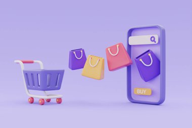 Alış veriş arabalı akıllı telefondan online alışveriş mağazası ve mor arkaplanlı çantalar, 3D görüntüleme.