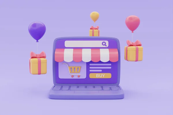 Online shopping store on laptop with gift boxes and balloon floating on purple background, 3d rendering