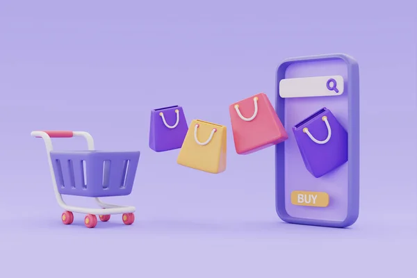 Online Shopping Store Smartphone Shopping Cart Bags Purple Background Rendering — Stock Photo, Image