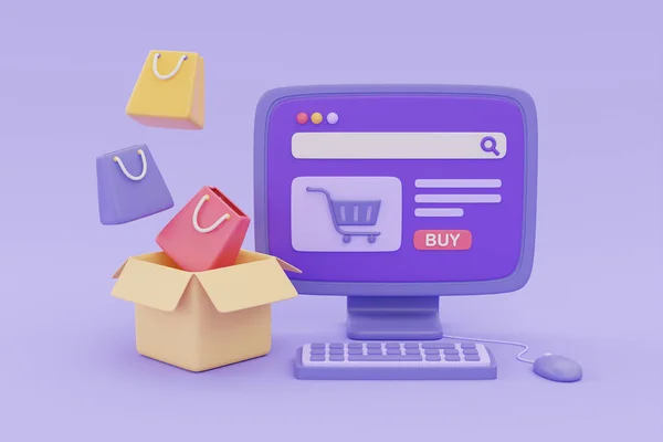 Online Shopping Store Delivery Computer Parcel Boxes Purple Background Digital — Zdjęcie stockowe