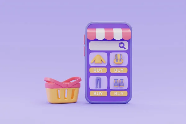 Online shopping store on smartphone with shopping basket on purple background, 3d rendering.