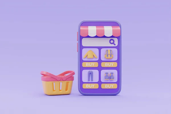 Mor arka planda alışveriş sepeti olan akıllı telefondan online alışveriş mağazası, 3D görüntüleme.