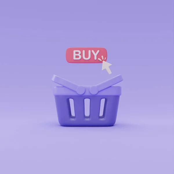 3D购物篮 点击紫色背景上的 在线购物概念 3D渲染 — 图库照片