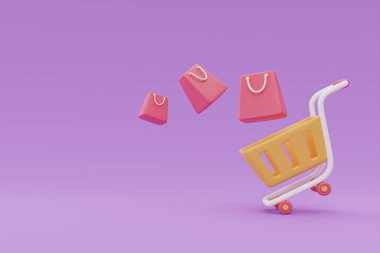 Shopping cart with bags, Flash sale promotions concept on purple background, 3d rendering