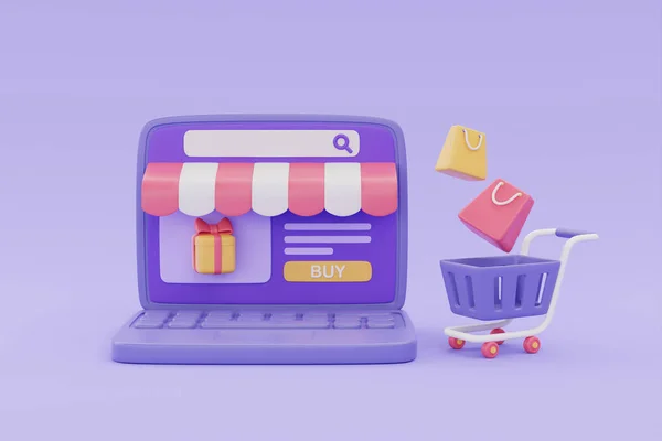 Bilgisayarında alışveriş arabası ve mor arka planda yüzen çantalarla online alışveriş mağazası, 3D görüntüleme.