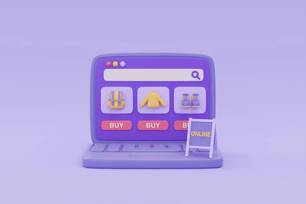 Online alışveriş mağazası dizüstü bilgisayarda, mor arka planda ONLINE tabelası, dijital pazarlama promosyonu, 3D görüntüleme