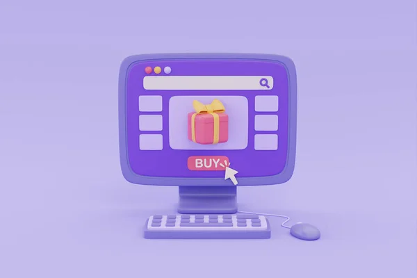Online shopping store on computer with gift boxes on purple background, digital marketing promotion, 3d rendering